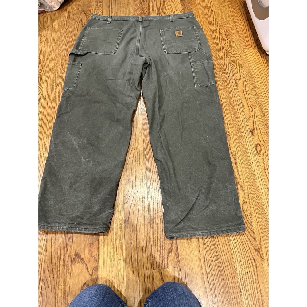 Carhartt B111 Mens Moss Green Flannel Lined Loose Fit Carpenter Pants Size 40x29 - Picture 9 of 12